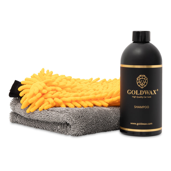 Shampoo, Waschhandschuh, Trockentuch klein Kombination